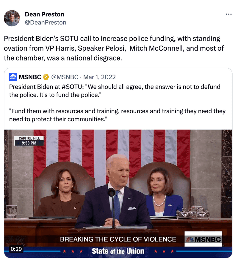 Dean Preston called President Biden a "national disgrace" for supporting police funding